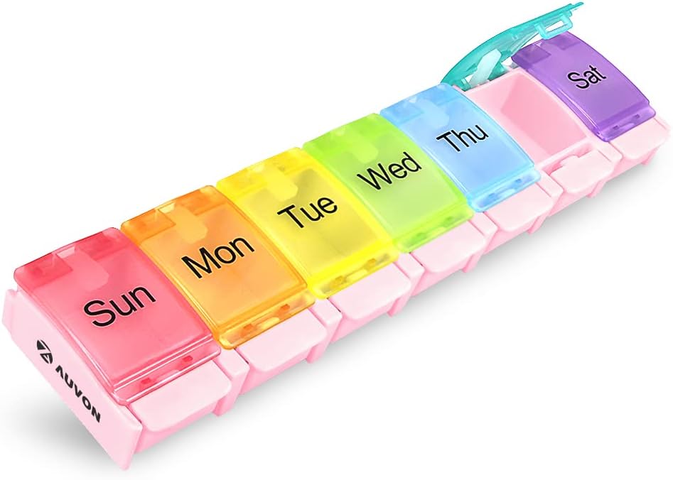 AUVON Weekly Pill Organizer Arthritis Friendly, BPA Free Travel 7 Day Pill Box Case with Spring Open Design and Large Compartment to Hold Vitamins, Cod Liver Oil, Supplements and Medication