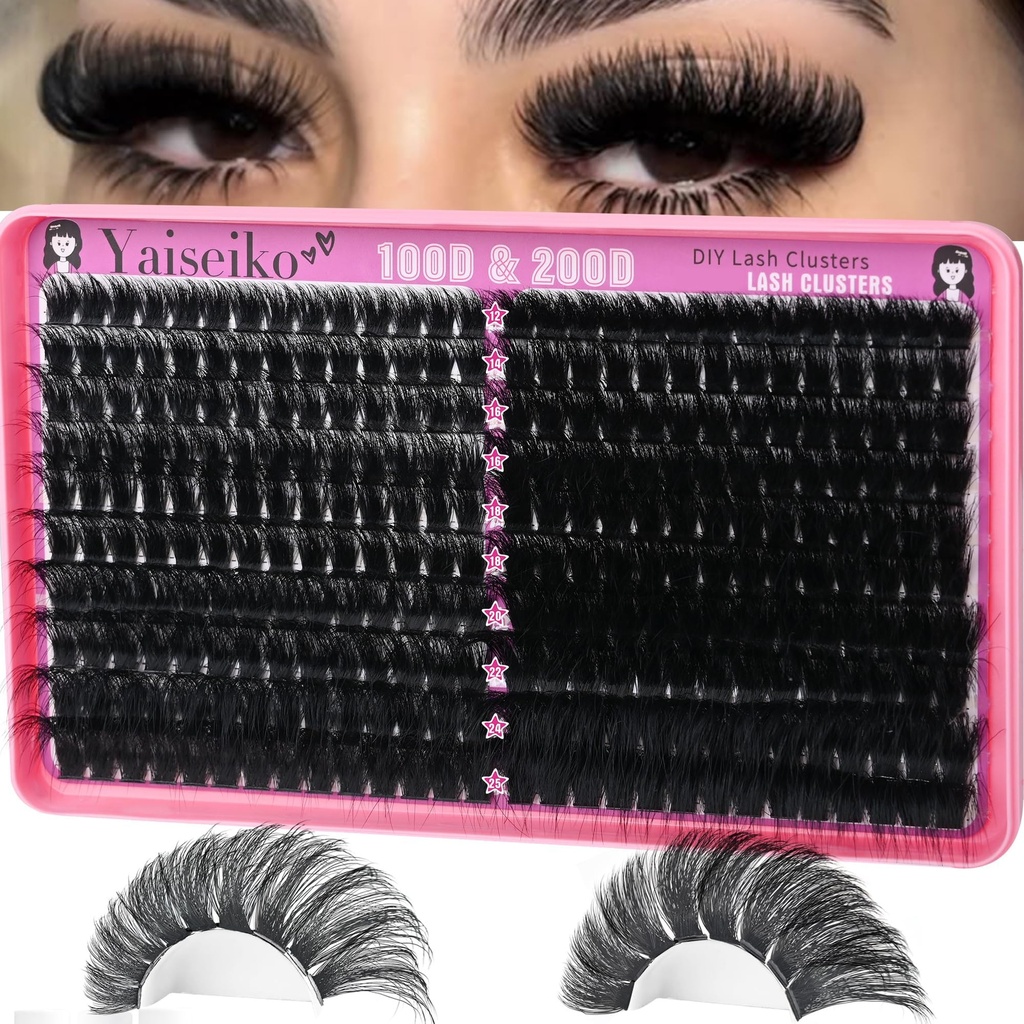 Lash Clusters 100D+200D Thick Eyelash Clusters 12-25mm Wispy Individual Mega Volume Lashes D C Cluster Eyelash Extensions 280Pcs DIY Lash Extension at Home, by Yaiseiko(Plant Fiber)