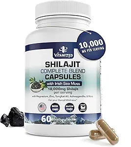 Pure Himalayan Shilajit for Men & Women - 10,000mg Shilajit Ashwagandha Supplements + Irish Sea Moss, Tongkat Ali, PQQ & More - 60 Capsules