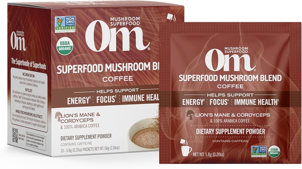 OM MUSHROOM スーパーフード コーヒー ブレンド – ライオンのマネ、コルディセプ、レシ、トルコの尾&銀杏葉とオーガニック アラビカ – エネルギーをサポート, フォーカス & メンタル クラリティ – シングル サーブ パック (10 カウント)