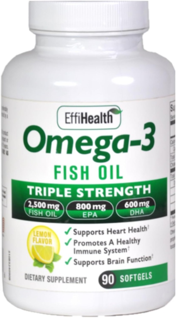 EffiHealth Omega-3の魚油-三重強さ2500mgの魚油、1200mg EPA、600mg DHA -サポート炉の健康、頭脳の健康および免疫サポート–レモン味、Burblessの魚油