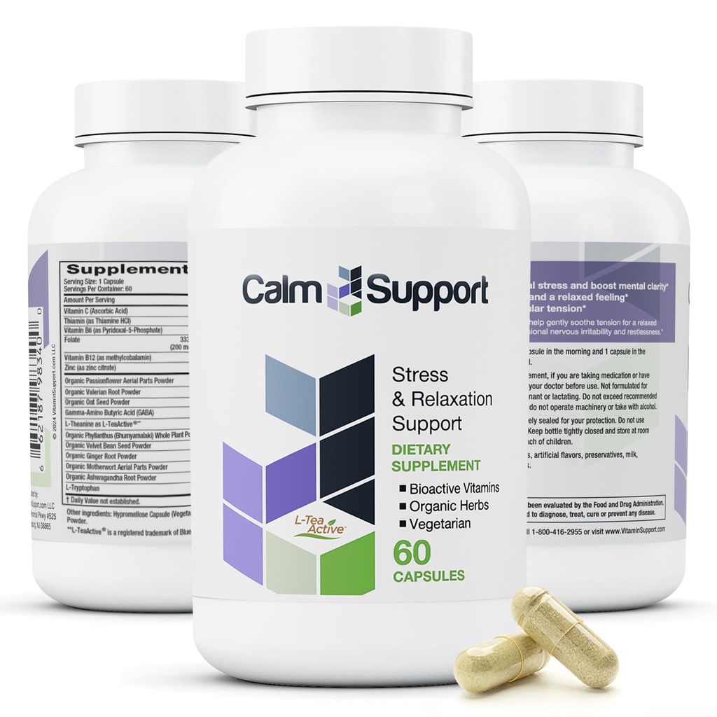 CalmSupport: ストレス&リラクゼーションサポート - Ashwagandha、パッションフラワー、Valeian Root、ジンジャー、GABA、Velvet Bean、Motherwort、Oat Seed、Phyllanthus、L-Theanine、L-Tryptophan、 Folate、C、B1、B6、B12、Zinc