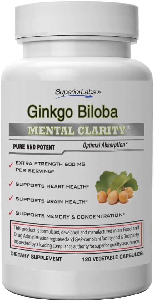 優秀なLabsの銀杏のBiloba 1200のmg、非GMOの高められた吸収のための黒いコショウ、銀杏のエキス、改善の記憶及び焦点、循環のブースター、自然な酸化防止向性、120のベジの帽子