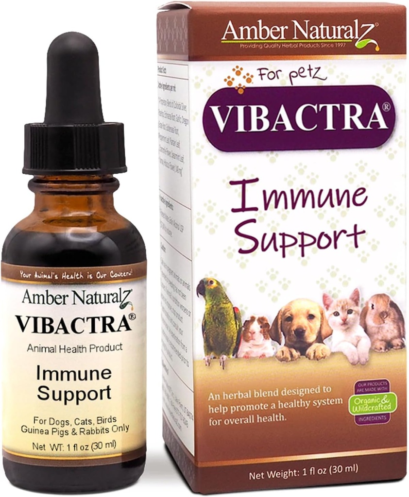 Amber NaturalZ Vibactra Immuneは、犬、猫、鳥、ギニア豚、およびウサギのためのハーブサプリメントをサポートします。 | ペットハーブブレンド 全身の健康 | 1液オンスグラスボトル | アメリカ製