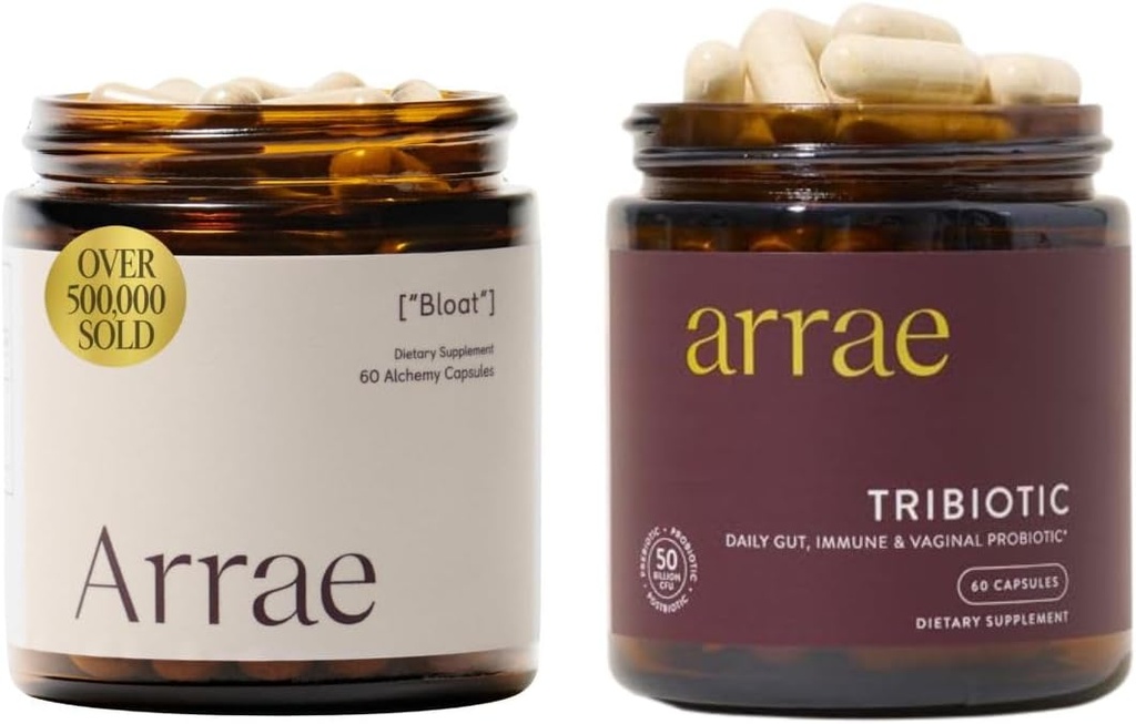 Arrae Bloat + Tribiotic Bundle、Bloatingの救助の消化器系酵素、ガス及び消化管救助、女性のためのProbiotics、腟pHのバランス、免疫およびフェミニンの健康、60のカプセルの各のためのサポート