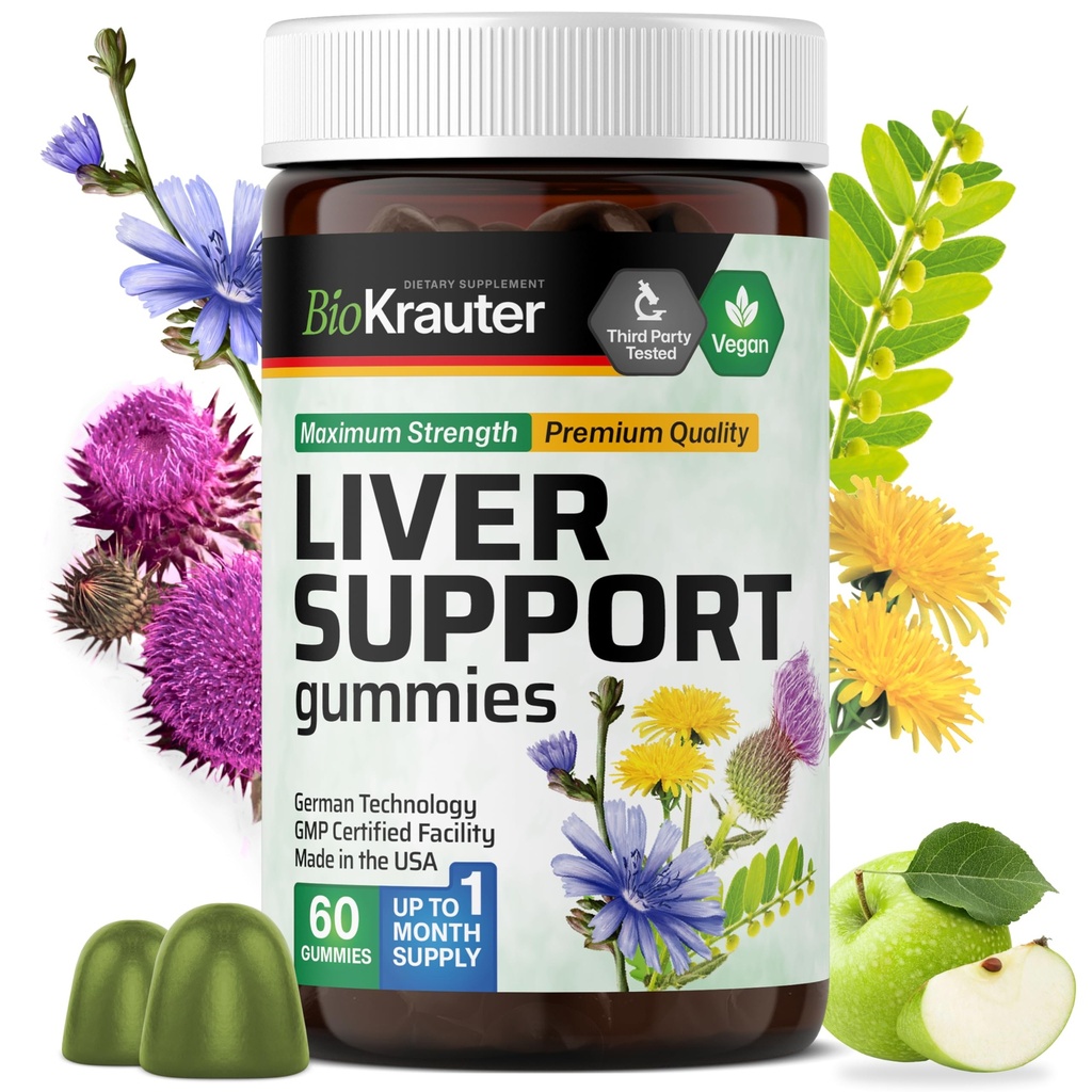 BIO KRAUTER 肝サプリメントグミー - 60 ビーガンチューws w/Milk Thistle, 肝臓のクレンジング&デトックスのためのタンポポロト - 80% シリマリン