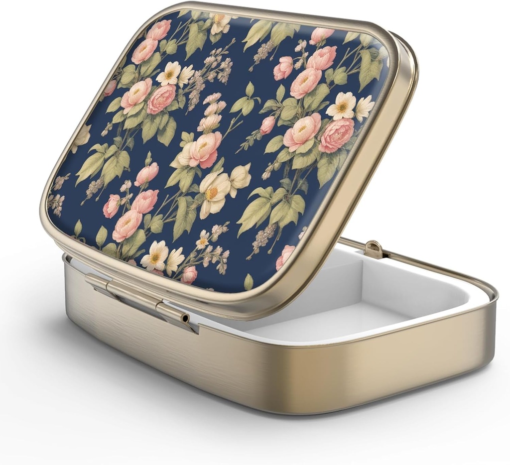 Pill Case Pill Box with Mirror Retro 2 Compartment Small Pill Case for Purse or Pocket Bronze Rectangular Pill Box or Vitamins, Fish Oil, Supplements, Pill Containe Travel Gifts（Retro Rose Floral）