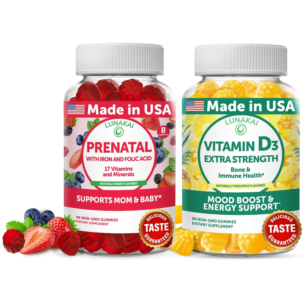 Lunakai PrenatalとビタミンD3グミーバンドル - 鉄&葉酸と妊娠マルチビタミンGummy - 大人のための免疫、骨と気分のサポートサプリメント - 30日の供給