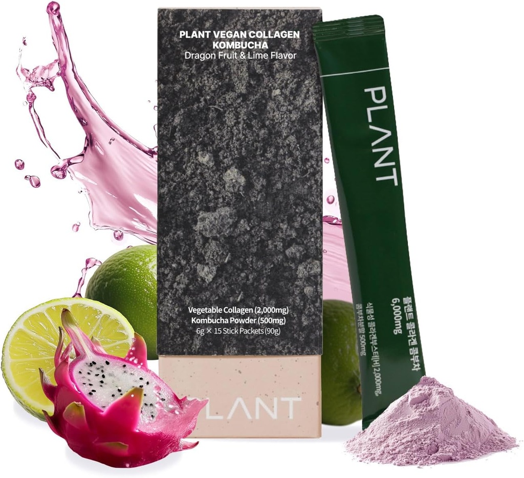 プラトンビーガンコラーゲンペプチド、コムブチャパウダー、プロビオティックス、ビタミンC | 2000mgトリペプチドベジタリアンコラーゲンブースター、ドラゴンフルーツライム |15 パケット、ガット & 皮膚健康アンチエイジング水分補給飲料ミックス