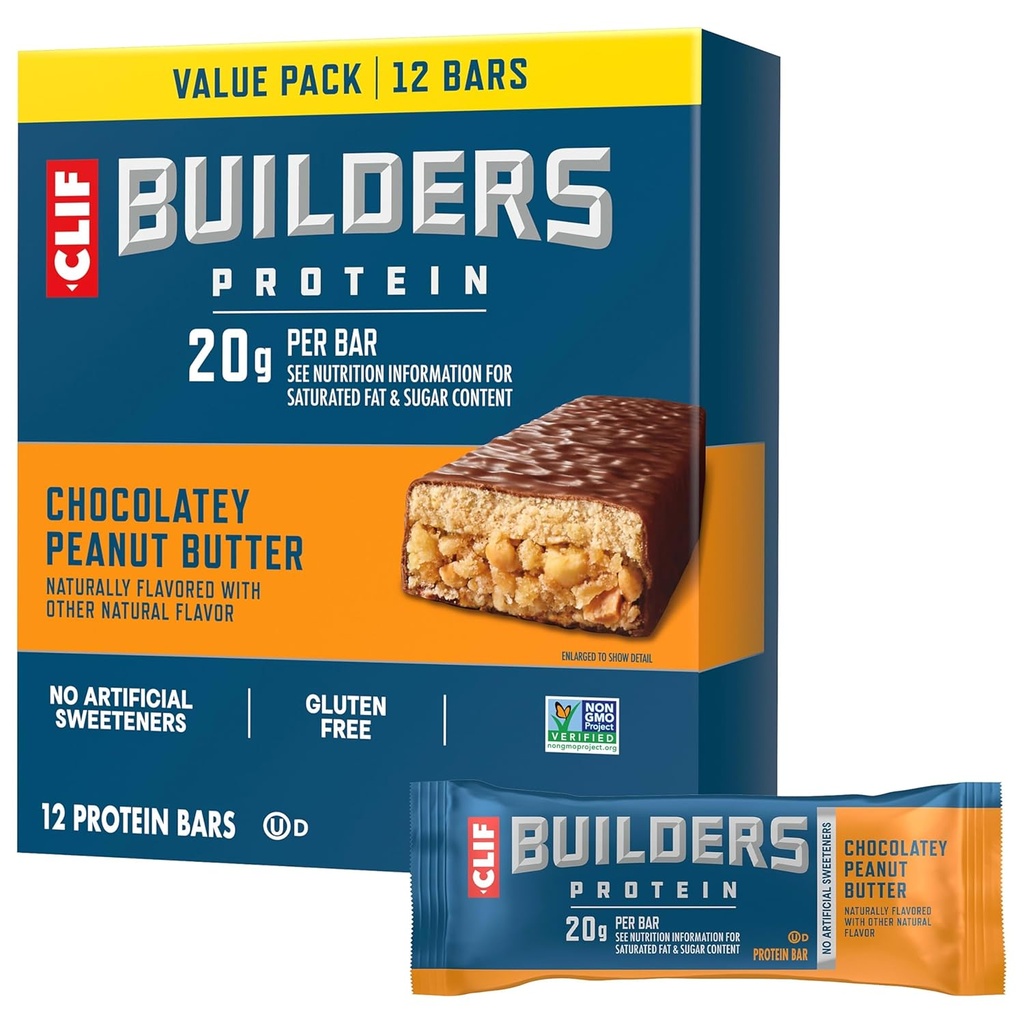 CLIF BUILDERSプロテインバー - チョコレートピーナッツバターフレーバー - 20g植物ベースのタンパク質 - 無GMO - 低糖 - 人工甘味料なし - 値パック、2.4オンス。 (12カウント)