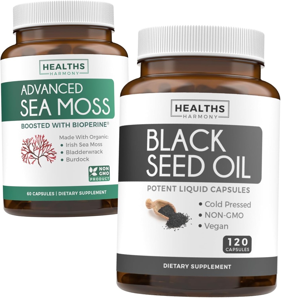 ブラックシード&シーモス(1ヶ月の供給) 黒種子油120Softgelカプセル(非GMO&ビーガン)冷間プレスニゲラサティバ&アイリッシュシーモスカプセル(非GMO&オーガニック)
