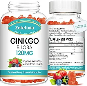 2 Pack Ginkgo Biloba Gummies for Women and Men, Brain Supplement Improve Better Mood and Focus, Vegan Mixed Berry Flavor 120 Count