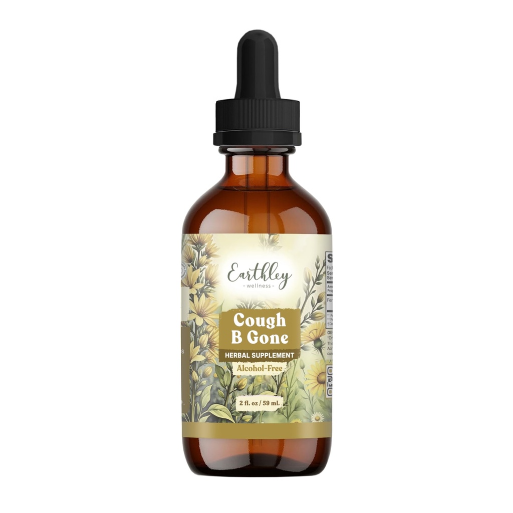 Earthley Wellness、Cough-B-Gone、子供と大人のためのアルコールフリーハーブのチンキ(6か月+)、風邪および咳の救済、痛みの痛みの喉、肺の健康を促進し、解毒(2oz、子供)