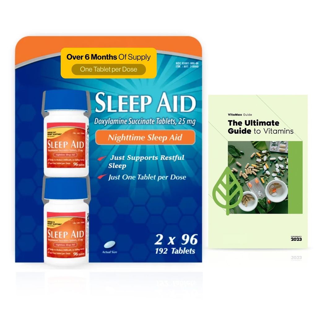 KKL Sleep Aid Doxylamine Succinate 25 mg Nighttime Sleep Aid Tablets, 2 Bottles, 96 Tablets Each (192 Total)