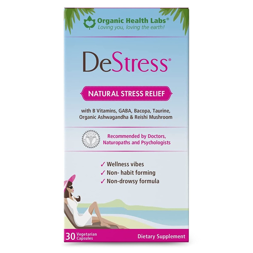 DeStress All-Natural:ビタミンB、マグネシウム、アシュワガンダ、L-テアニンサプリメント、不安緩和、30ベジギーカプセル、ストレス救済サプリメント有機健康ラボ