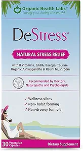 DeStress All-Natural:ビタミンB、マグネシウム、アシュワガンダ、L-テアニンサプリメント、不安緩和、30ベジギーカプセル、ストレス救済サプリメント有機健康ラボ