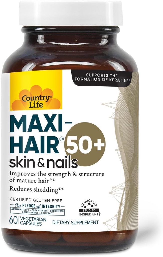 Country Life Maxi-Hair 50+ – Biotin-Based Hair, Skin & Nails Supplement for Women & Men Over 50 | Supports Healthy Hair Growth & Reduced Shedding | Certified Gluten-Free & Vegetarian | 60 Capsules
