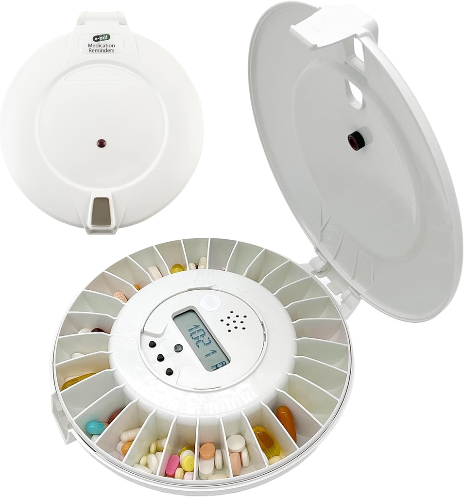 e-Pill MedTimeロック自動ピルディスペンサー - 24デイリーアラームを備えた安全で使いやすい薬用オーガナイザー - シニア、認知症、およびアルツハイマーのケアに最適 - ホワイトリド