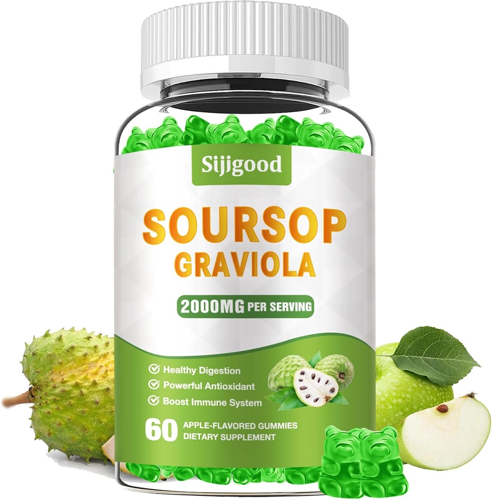 Sugar Free Soursop Graviola Gummies - Organic Soursop Leaves & Fruit Extract - Digestive Aid, Immune Support & Antioxidant Properties - 60 Apple Flavored Gummies