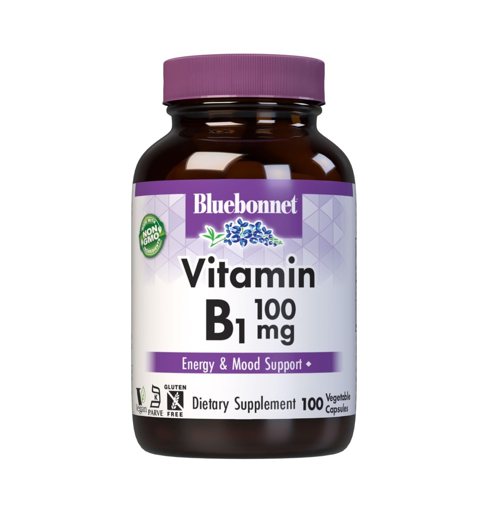 BluebonnetビタミンB1 100mg - 気分のサポート&女性&男性のためのエネルギービタミン* - Thiamin HCl - 非GMO、ビーガン、コーシャ、グルテンフリー - 大豆&乳製品 - 100野菜カプセル、100日の供給