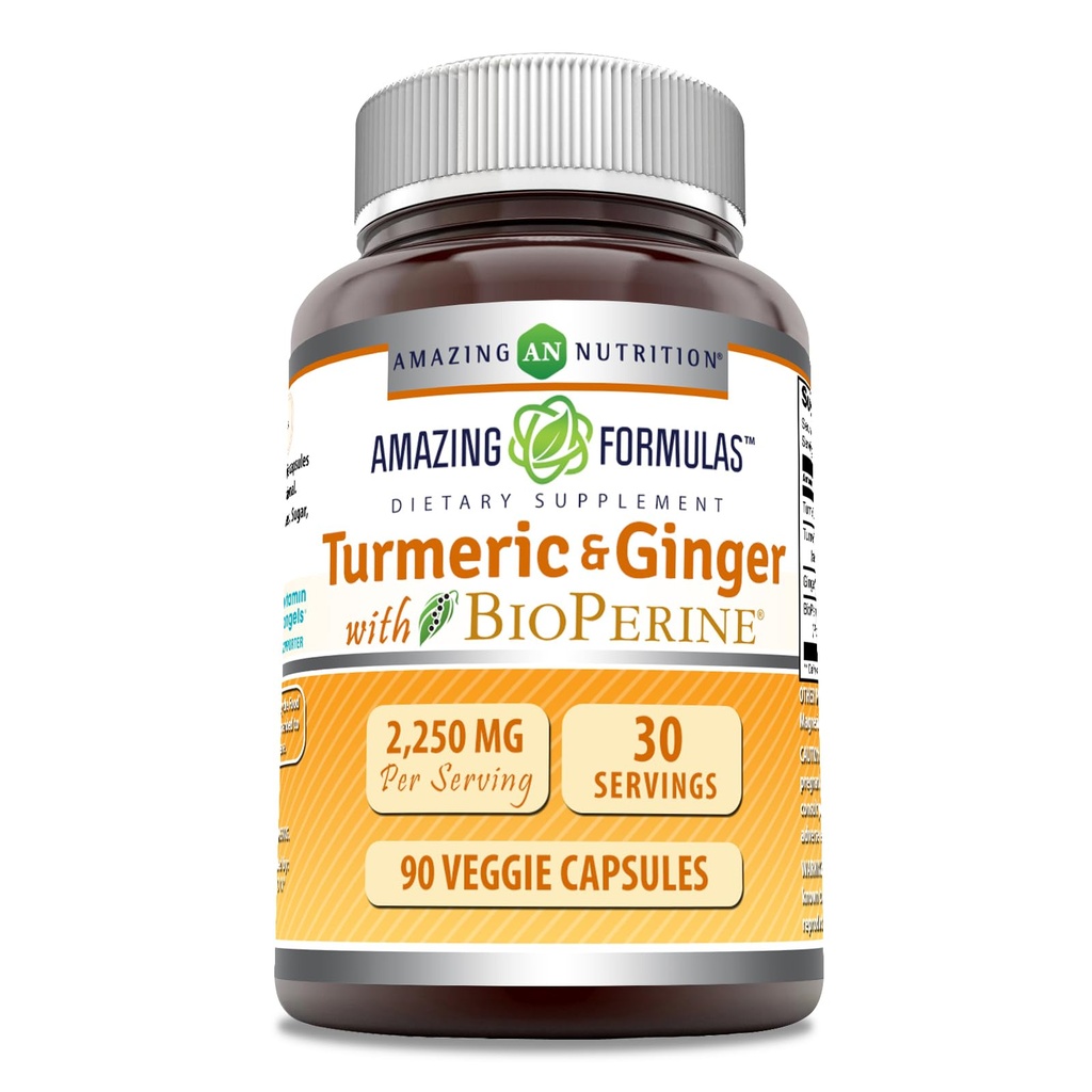 Amazing Formulas Turmeric Curcumin & Ginger with BioPerine Supplement | 2250 Mg | 90 Veggie Capsules | Non-GMO | Gluten Free | Made in USA