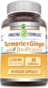 Amazing Formulas Turmeric Curcumin & Ginger with BioPerine Supplement | 2250 Mg | 90 Veggie Capsules | Non-GMO | Gluten Free | Made in USA
