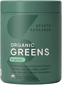 Sports Research® Organic Greens Superfood Powder w/Spirulina & Chlorella, Adaptogens, Enzymes, Probiotics & 8 VIT Bs for Gut & Mood Support* - Vegan, Sugar-Free & Low-Cal Original 20 Servings