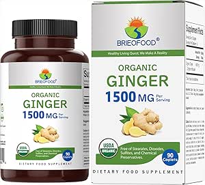 Brieofoodオーガニックジンジャー1500mg、45サービング、ベジタリアン、グルテンフリー、90ベジタリアンタブレット