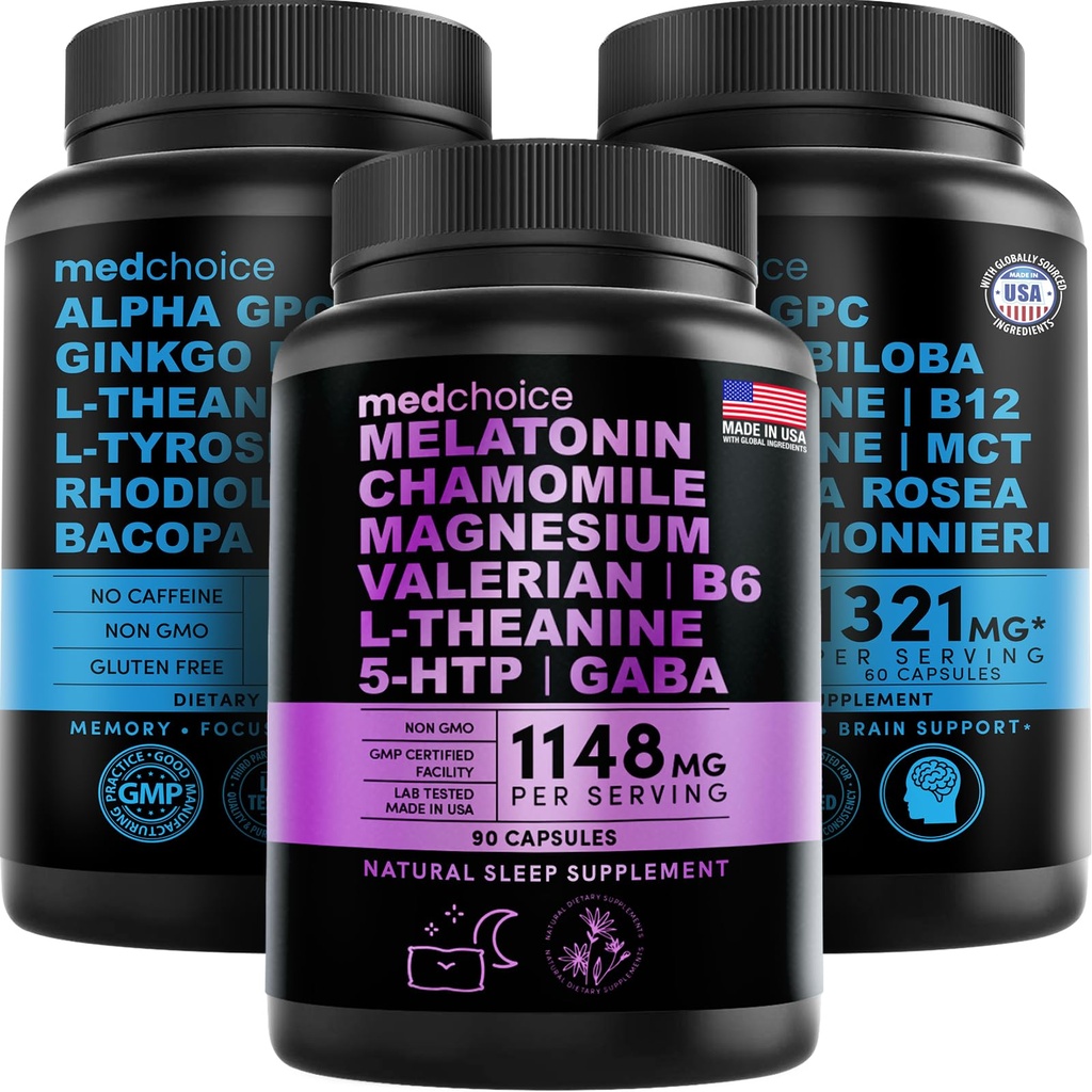 MEDCHOICE睡眠メラトニン(90ct)と向知性脳(120ct)サプリメントバンドル - 眠りのためのウェルネスデュオ、脳、フォーカス、および気分のサポート - ビーガン、非GMO、グルテンフリー