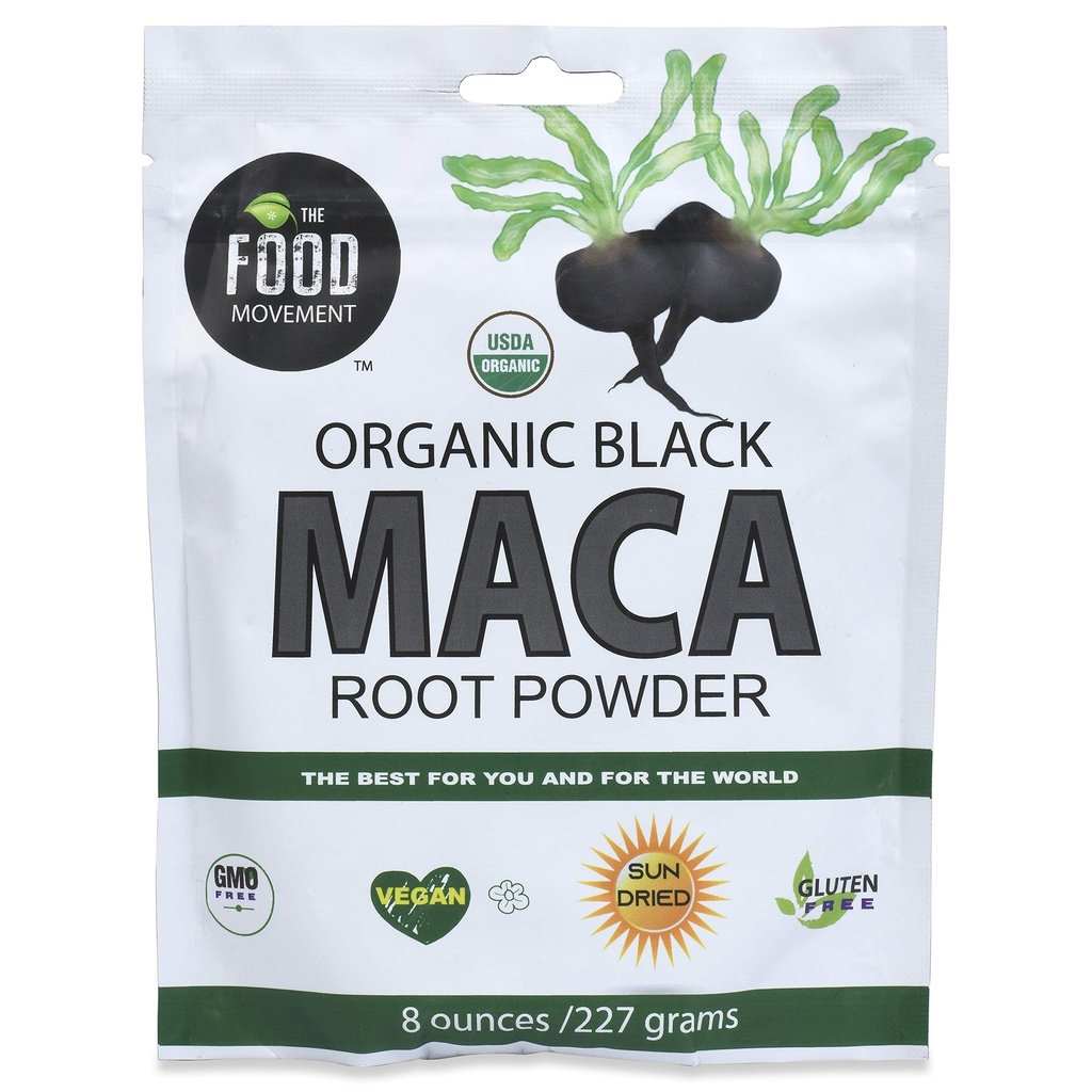 フードムーブメントCo.ブラックマカ8オンス生フードパウダー - オーガニック、非GMO、ビーガン、グルテンフリーブラックマカルートサプリメント全体ウェルネス