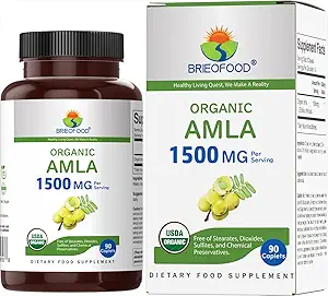 Brieofood Organic Amla 1500mg、45サービング、ベジタリアン、グルテンフリー、90ベジタリアンタブレット