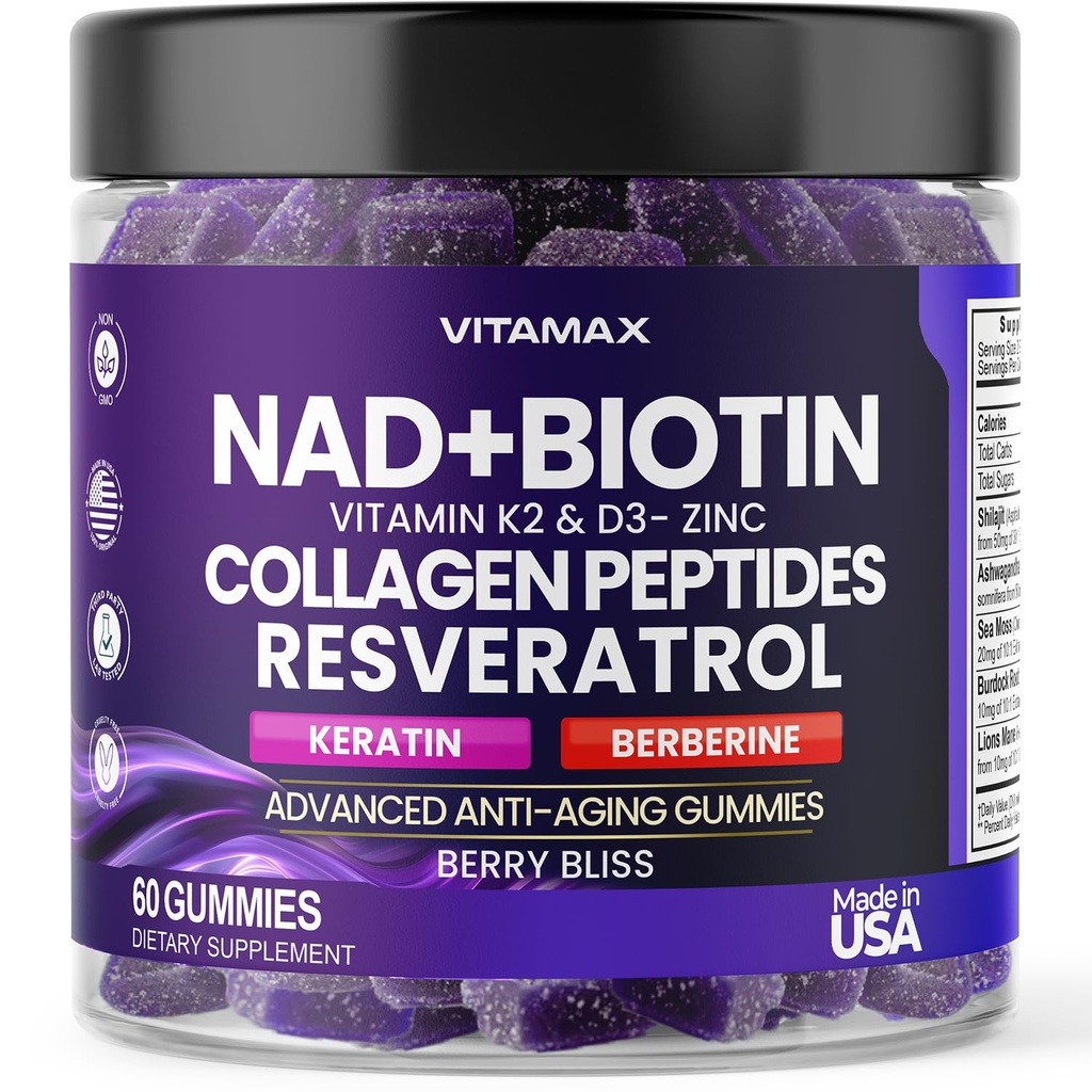 NAD +、Resveratrol、Berberine、及びBiotinの反老化のガミー-毛、皮、釘及び接合箇所の補足-コラーゲンのペプチッド、ケラチン、亜鉛、ビタミンK2及びD3のガミー-再生非GMO -米国で作られる60の計算
