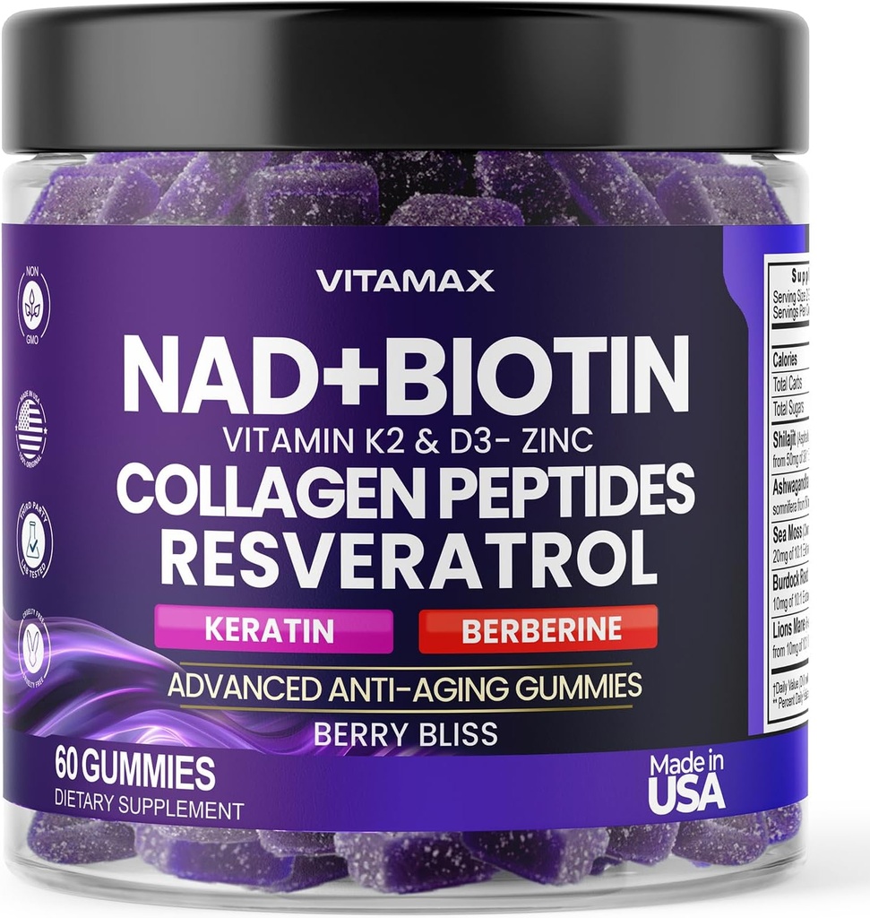 NAD +、Resveratrol、Berberine、及びBiotinの反老化のガミー-毛、皮、釘及び接合箇所の補足-コラーゲンのペプチッド、ケラチン、亜鉛、ビタミンK2及びD3のガミー-再生非GMO -米国で作られる60の計算