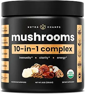 NutraChamps Organic Mushroom Powder - 10-in-1 Complex - Mushroom Supplement Powder Blend for Memory, Focus & Immune Support - 8oz (8.0 OZ, Mushroom Blend)