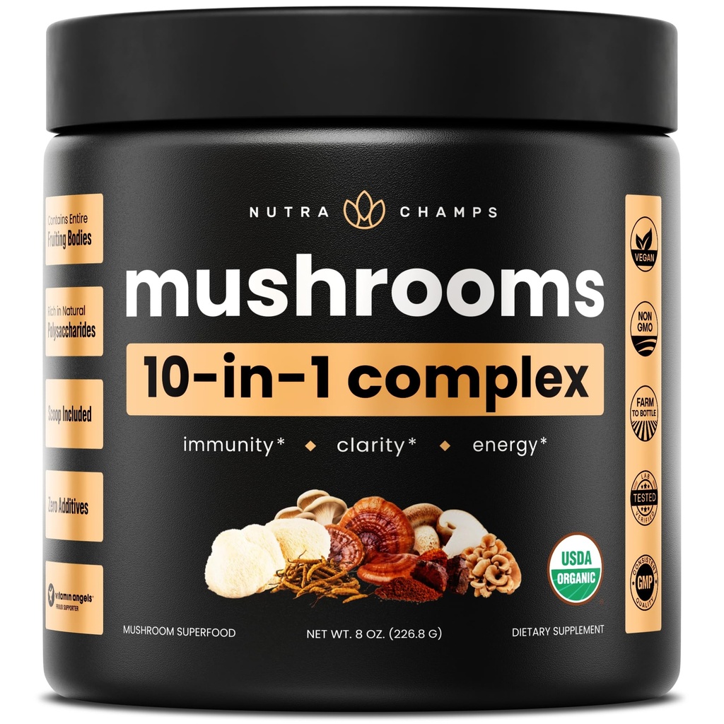 NutraChampsの有機のきのこの粉- 10in-1の複合体-記憶、焦点及び免疫サポートのためのきのこの補足の粉のブレンド- 8oz (8.0のOZ、きのこのブレンド)