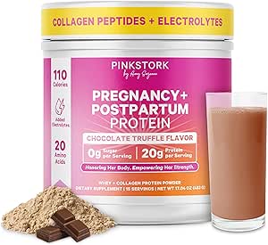 Pink Stork Pregnancy & Postpartum Protein Powder for Women, 20g Whey & Collagen, Prenatal & Breastfeeding Protein Shake Mix for Energy, Recovery & Hydration, Chocolate, 15 Servings