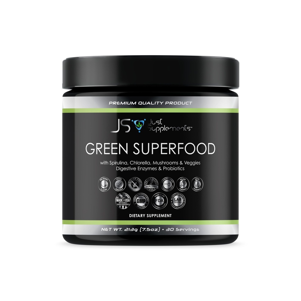 Greens Superfood with Spirulina, Chlorella, Mushrooms & Veggies, Digestive Enzymes & Probiotics