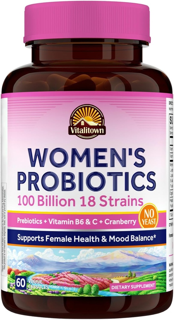 Vitalitown Women’s Probiotics | 100 Billion CFUs 18 Strains | プレバイオティクス, VC & B6, クランベリー | 棚の安定 | 腟, 尿路, 消化管 & 気分のサポート | 60 ビーガンキャップ