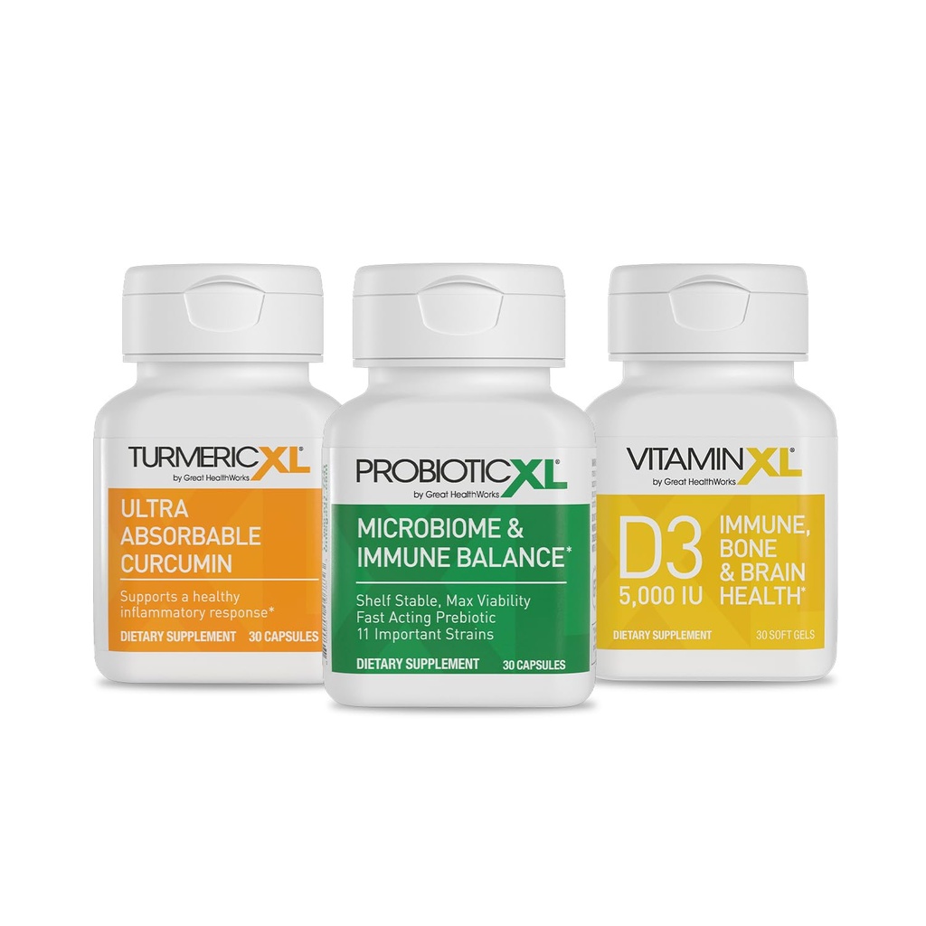 TrioXL - 3強力な免疫システムを促進する強力なサプリメント, TumericXLが含まれています, VitaminXL D3 & ProbioticXL, グルテンフリー免疫ブースター, 3-30カウント
