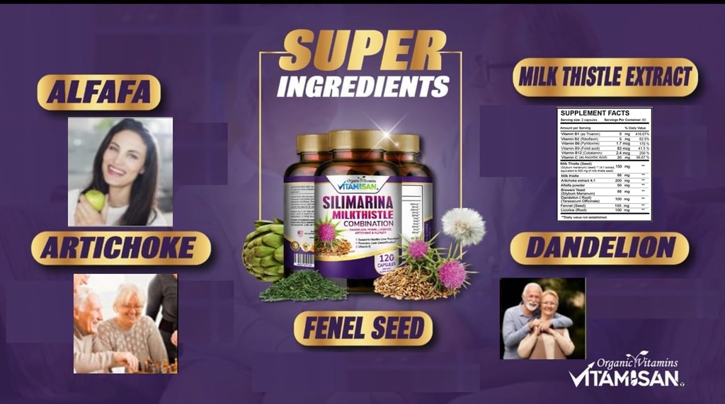 VITAMISAN ミルク アザミ silimarina ととも に Dandelion, Fennel. Licorice、Artichokeアルファルファデトックス&クレンジングフォーミュラサポート肝臓120カプセル