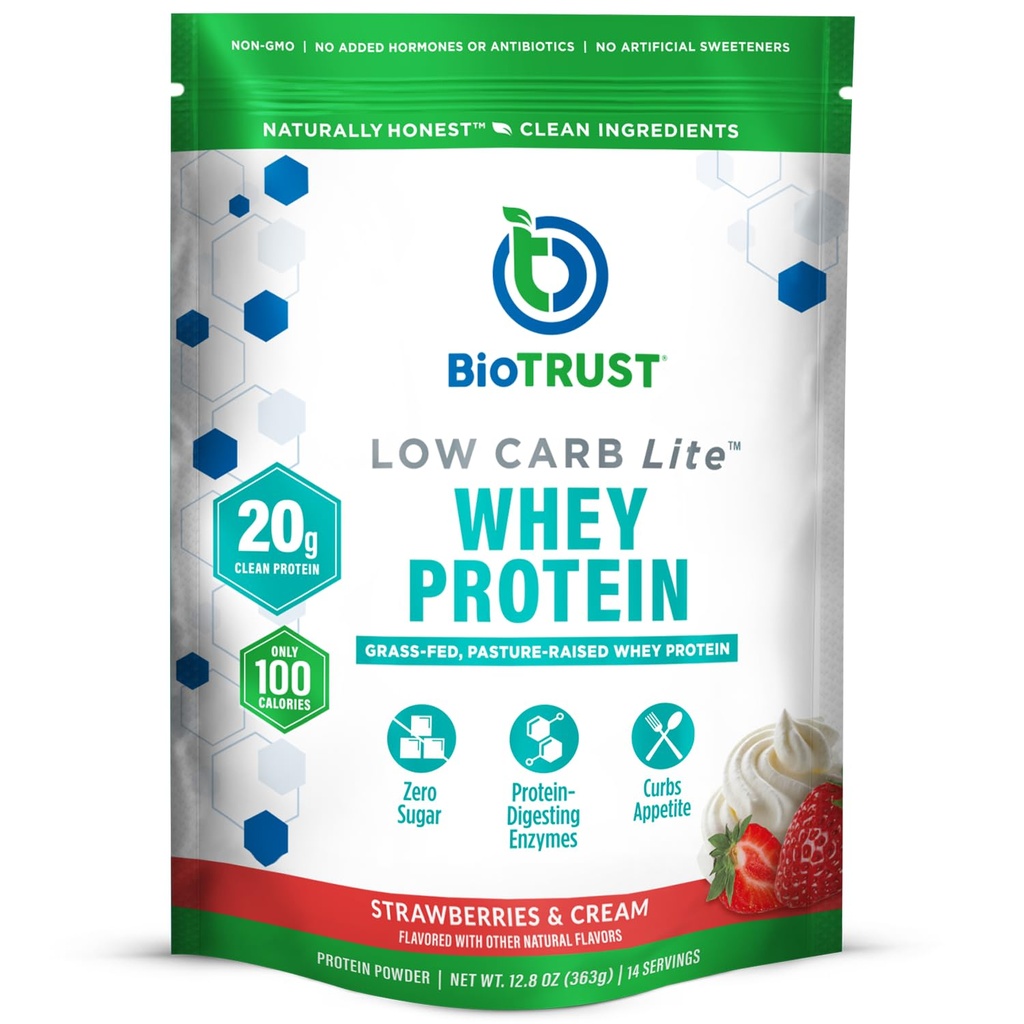BioTrust Low Carb Lite, 20 グラスフェッドウィープロテインアイソレートのグラム, 100 Calories, ProHydrolase Digestive Enzymes, Non-GMO, Soy and Gluten, rBGH-Free (14 サービング) (イチゴとクリーム)