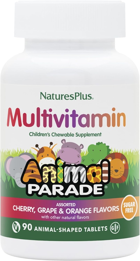Natures Plus動物のパレードの砂糖なしの子供のマルチビタミン - 盛り合わせチェリー、グレープ&オレンジ色の味 - 90 Chewable錠 - 45 Totalサービング
