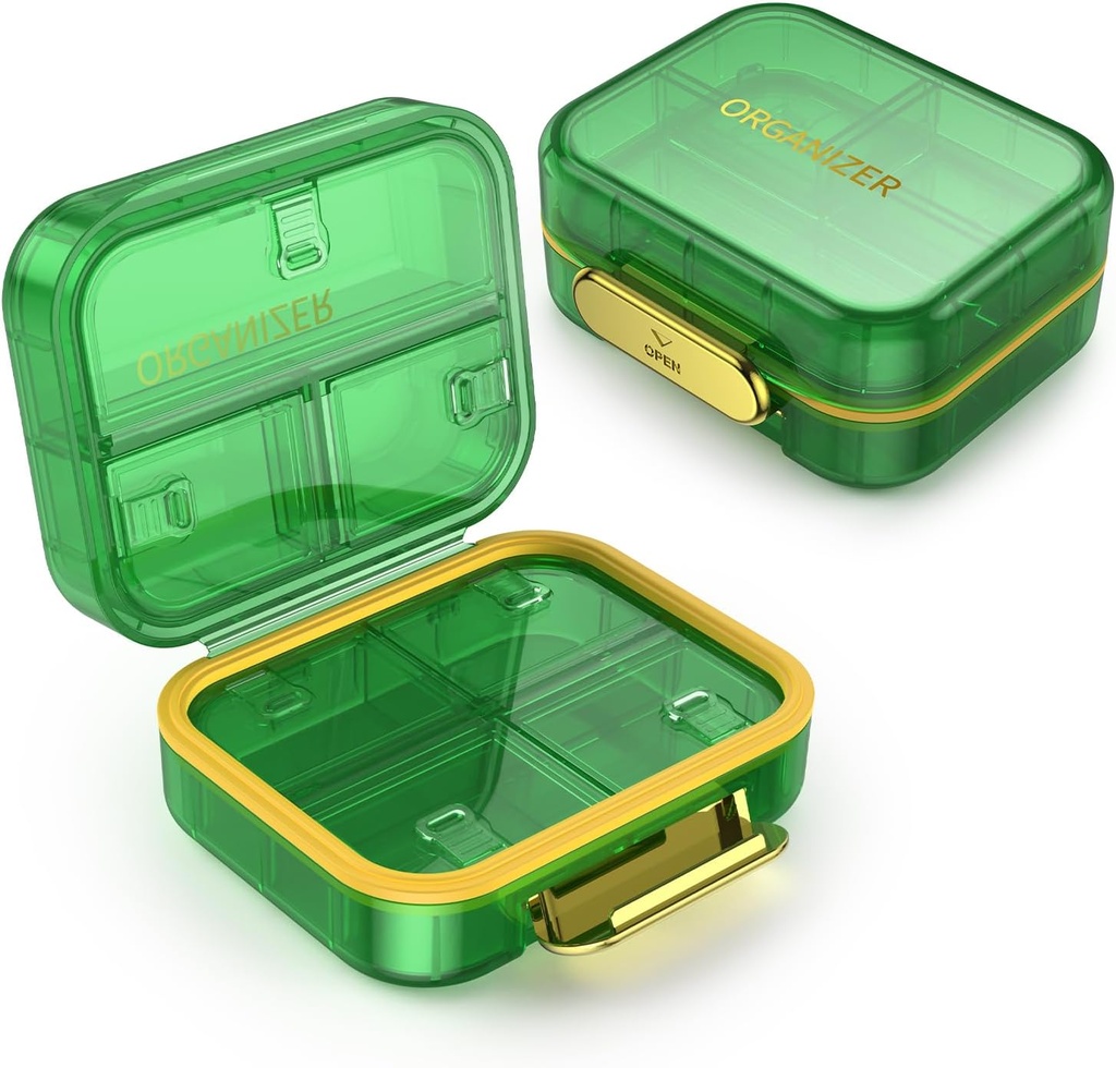 7 Compartmentの旅行丸薬箱、丸薬のオルガナイザーの湿気の証拠の小型丸薬の箱、小型の財布のための小さい丸薬箱、毎日の携帯用薬のビタミン箱、魚油箱、補足箱(緑)