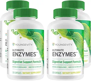 Youngevity Ultimate Enzymes® - 消化、ガス&ブロッキング救済のためのマルチ酵素 - Betaine HCl、Ox Bile、パンクレアチン10X、Papain 6M、ペプシン1:3000(120カプセル - 4パック)