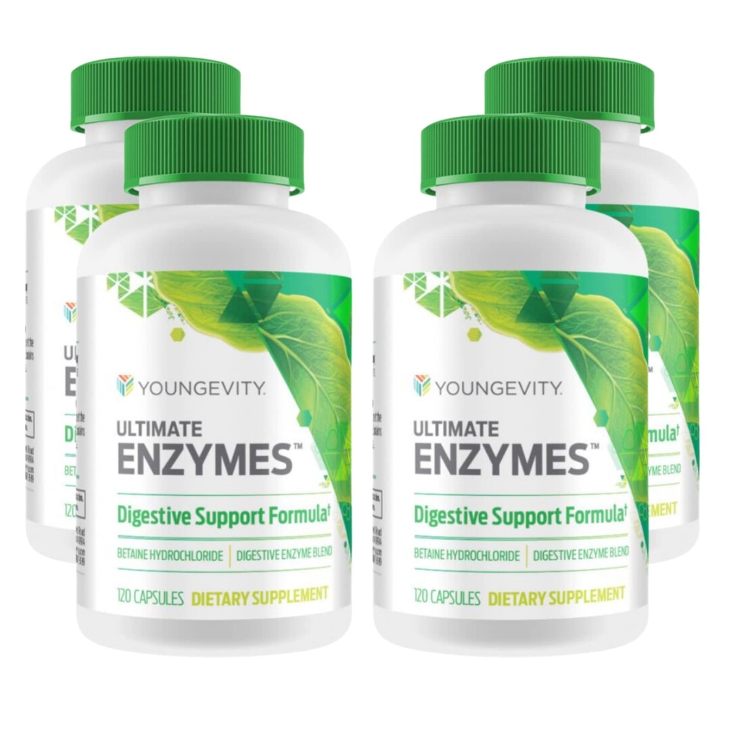 Youngevity Ultimate Enzymes® - 消化、ガス&ブロッキング救済のためのマルチ酵素 - Betaine HCl、Ox Bile、パンクレアチン10X、Papain 6M、ペプシン1:3000(120カプセル - 4パック)