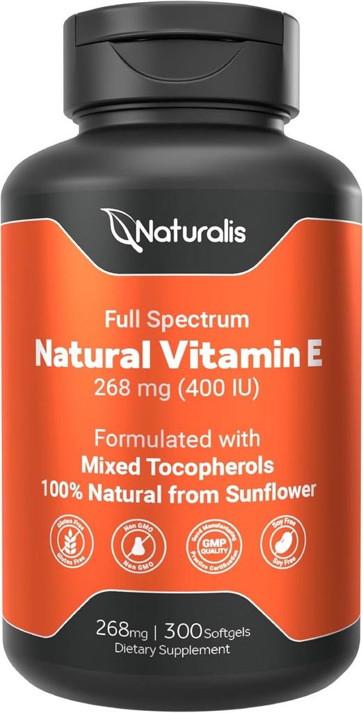 ミックストコフェロール配合のNaturariis Sunflower Vitamin E 268mg(400 IU) | エッセンシャルスキンビタミン&免疫サポート | 非GMO、大豆&グルテンフリー | 300 Softgels