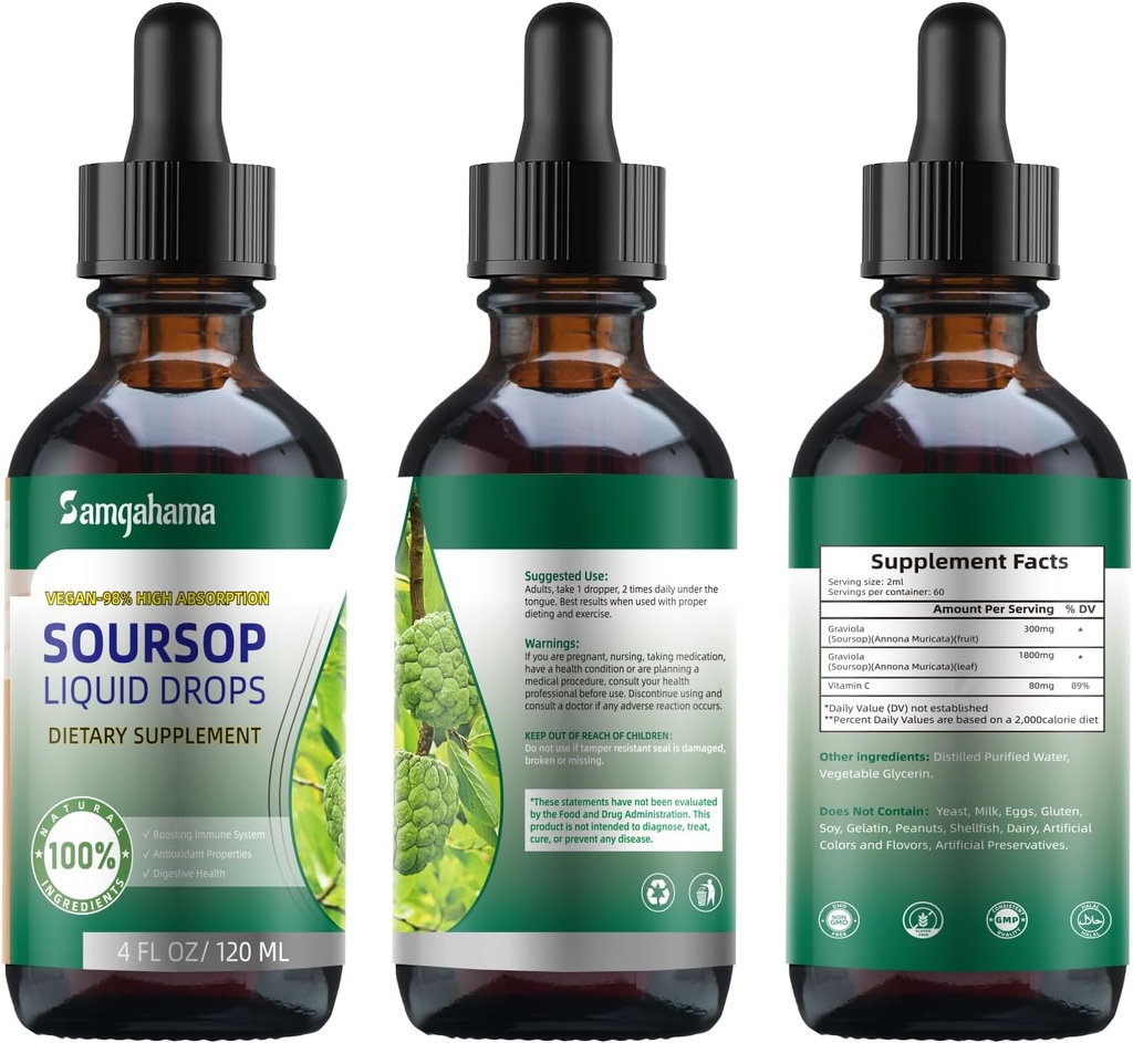 Soursopのビターズの液体の低下、ビタミンC、食事療法繊維、グルテンフリー、120mlの4 Fl Oz (3のパック)