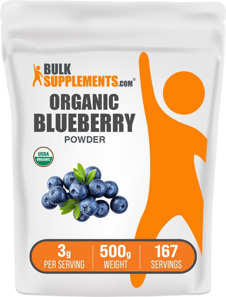 BulkSupplements.comオーガニックブルーベリーパウダー - 抗酸化サポート、ブルーベリーサプリメント - ビーガン&グルテンフリー、サービングあたり3g、500g(1.1ポンド)(パッケージ1)