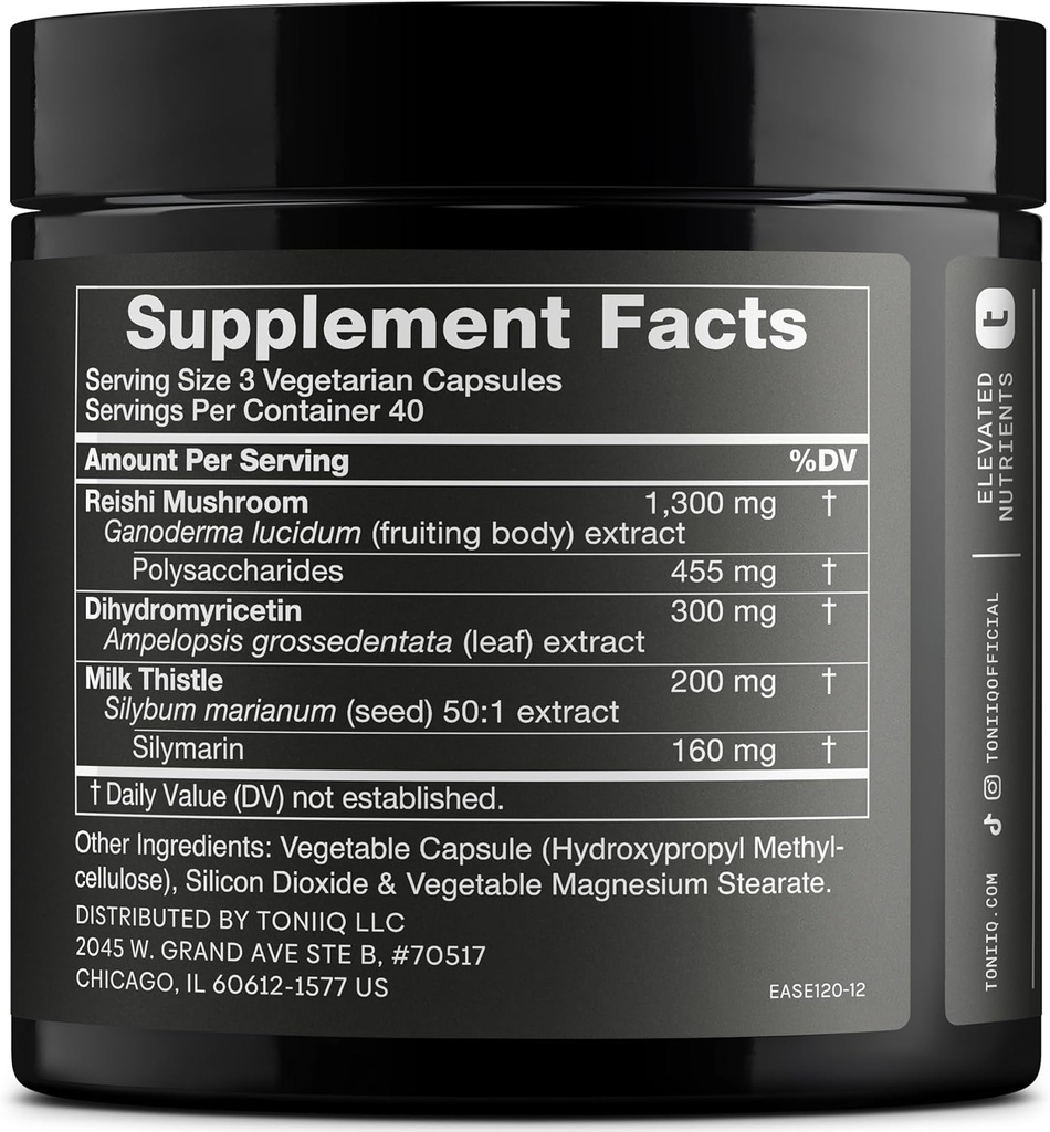 Toniiq Ease with DHM - 夜間アウトのための完全な肝臓サポート - 120カプセル - 50xスーパー集中エキス