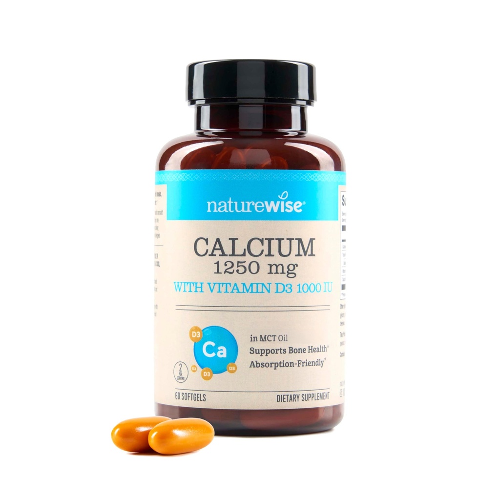 NatureWise 高純度、オールナチュラルカルシウム 1250mg + ビタミンD3 1000IU + オーガニックMCTココナッツオイル - 妊娠安全+非GMO - 吸着フレンドリー、グルテンフリー - 60Softgels[30日の供給]